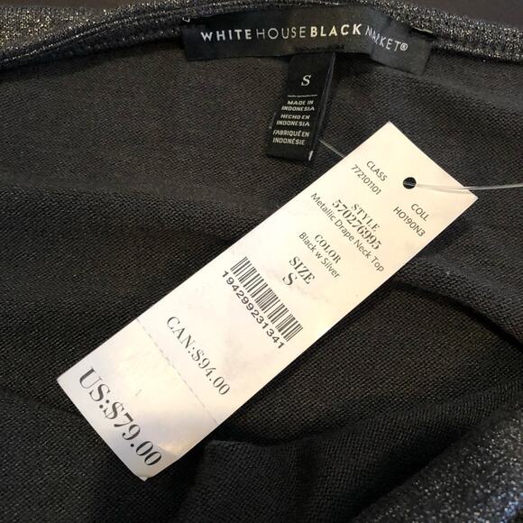 WHBM black silver metallic drape neck knit top size Small NWT - Picture 7 of 11
